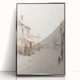 Mid-century modernist art depicting a winter scene in acrylic, framed in silver, suitable for nursery wall art.