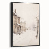 Black and white framed canvas depicting a winter landscape, ideal for bedroom wall art.