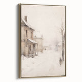Framed canvas depicting a winter landscape scene in muted grays and whites, ideal for bedroom wall art.