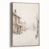 Winter landscape art painting on framed canvas, featuring muted blue and gray tones, ideal for living room decor.