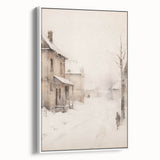 Framed canvas vintage poster art of a winter scene in muted white and gray tones, ideal for living room decor.