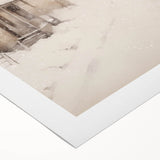 Art deco poster featuring a stylized winter scene in cool blue and white tones on rolled canvas.