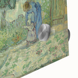 Large abstract wall art on acrylic glass depicting a swirling blue and yellow pattern, ideal for dining room ambiance.