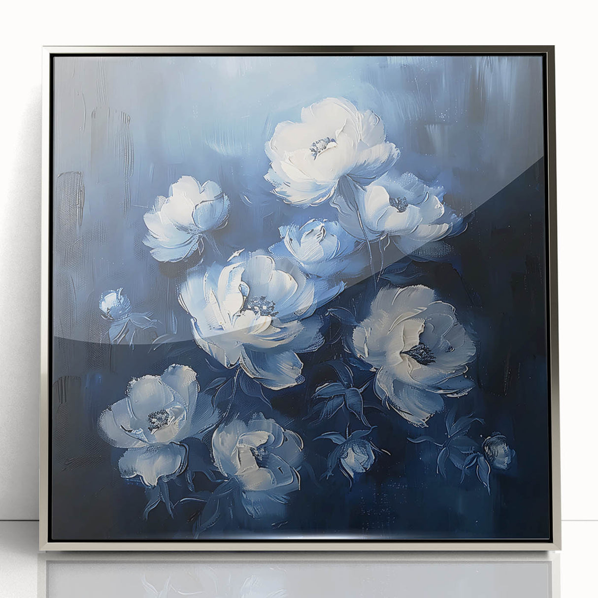 Elegant Navy & White Floral Wall Art - Modern Canvas for Living Room