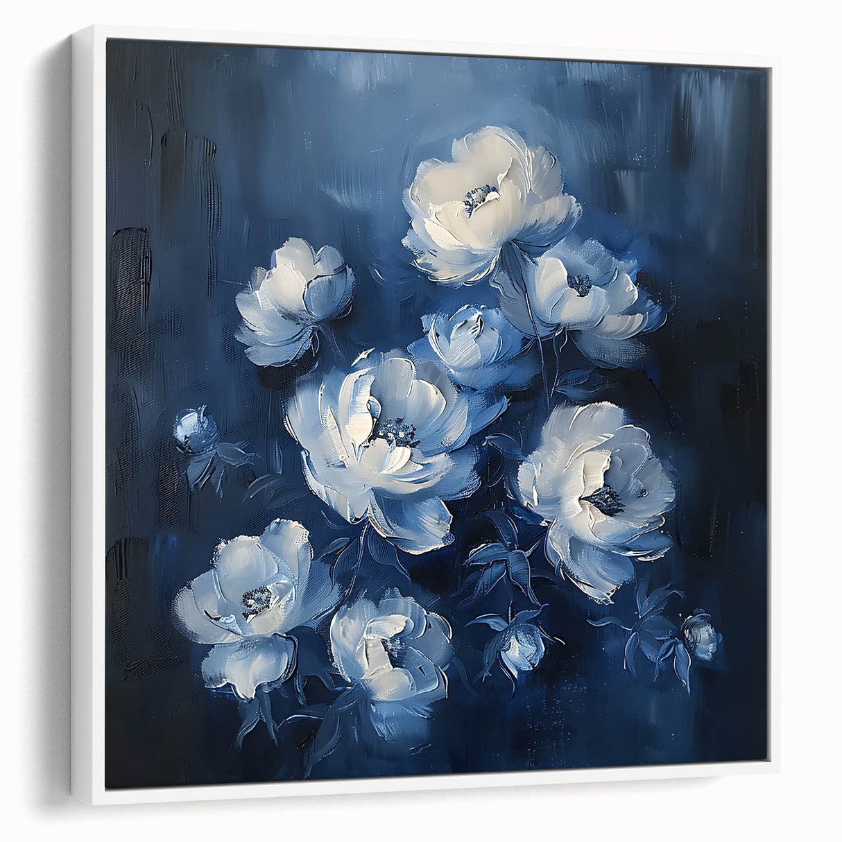 Elegant Navy & White Floral Wall Art - Modern Canvas for Living Room