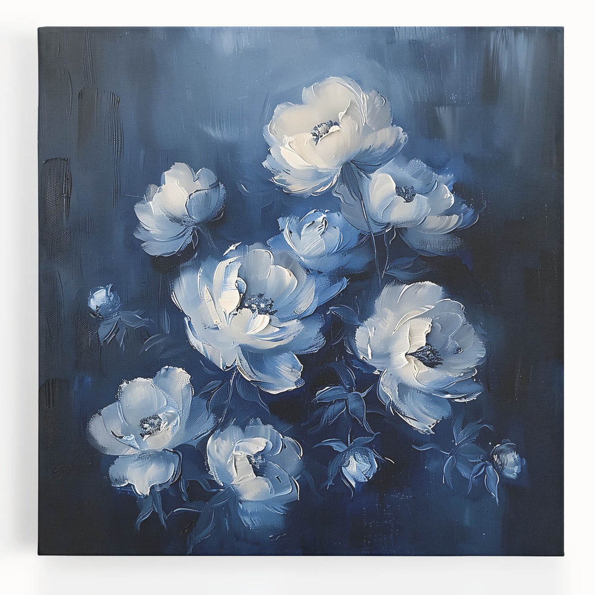 Elegant Navy & White Floral Wall Art - Modern Canvas for Living Room