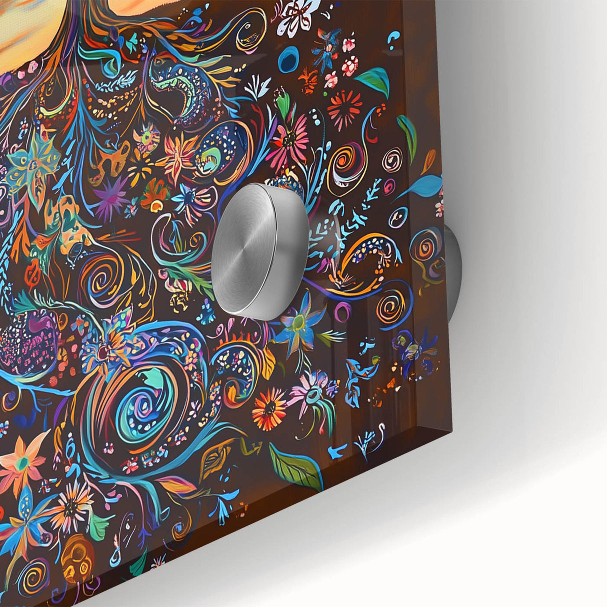 Close-up of an abstract floral design in vibrant colors on acrylic glass, showcasing intricate details and smooth texture, perfect for modern home decor.