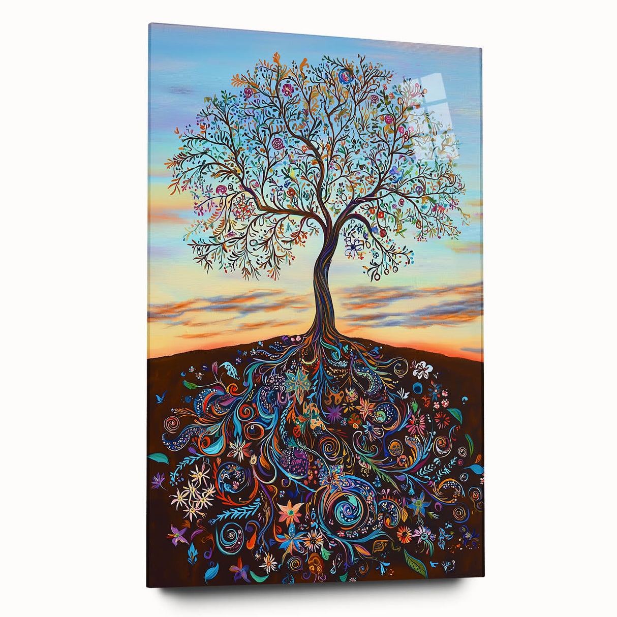 Abstract floral design on acrylic glass, showcasing vibrant colors and intricate patterns. Side view reveals a sleek, modern aesthetic perfect for contemporary decor.