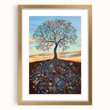 Abstract floral design framed in gold with a mat, showcasing vibrant colors and intricate patterns, ideal for modern home decor. Perfect for enhancing living spaces.