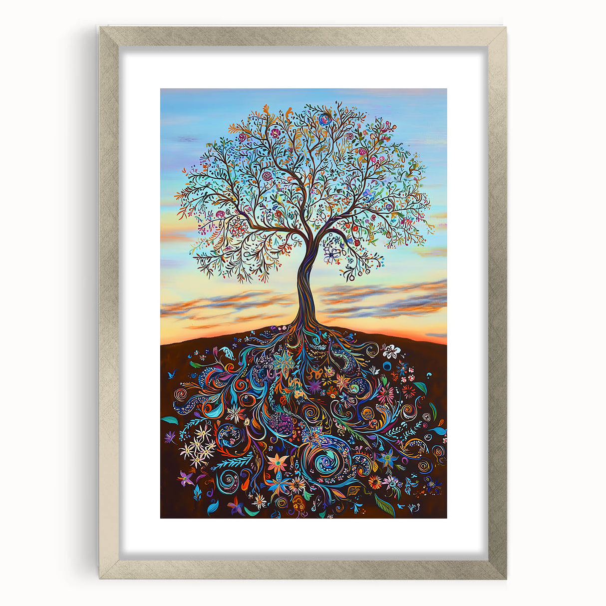Abstract floral frame with a silver mat, showcasing intricate floral designs in vibrant colors, perfect for enhancing home decor and adding a touch of elegance.