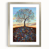 Abstract floral frame with a silver mat, showcasing intricate floral designs in vibrant colors, perfect for enhancing home decor and adding a touch of elegance.