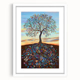 Abstract floral frame design with a white mat, showcasing vibrant colors and intricate patterns, ideal for modern home decor and artistic display.