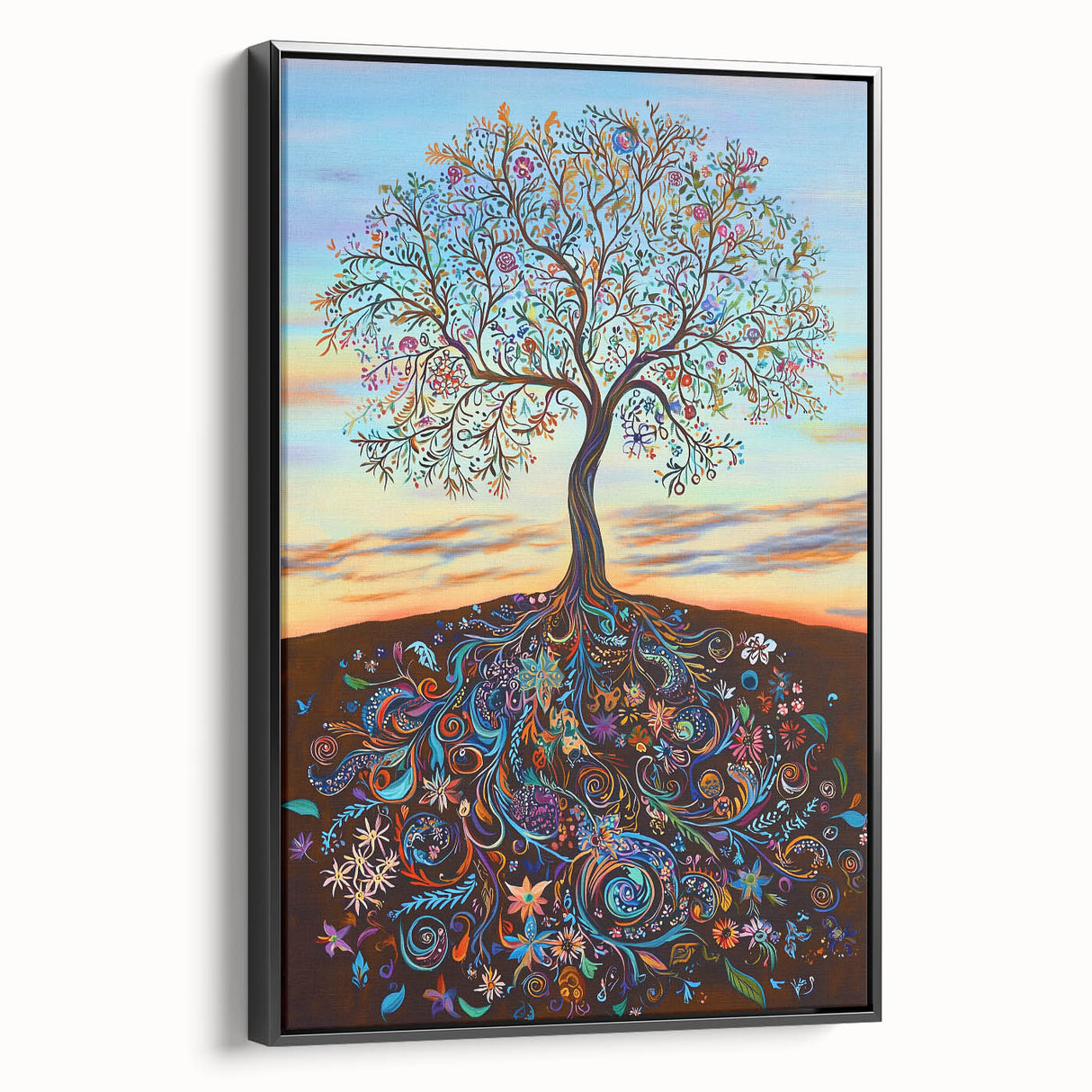 Abstract floral design framed canvas artwork showcasing vibrant colors and intricate patterns, presented in a sleek black frame, ideal for modern home decor.