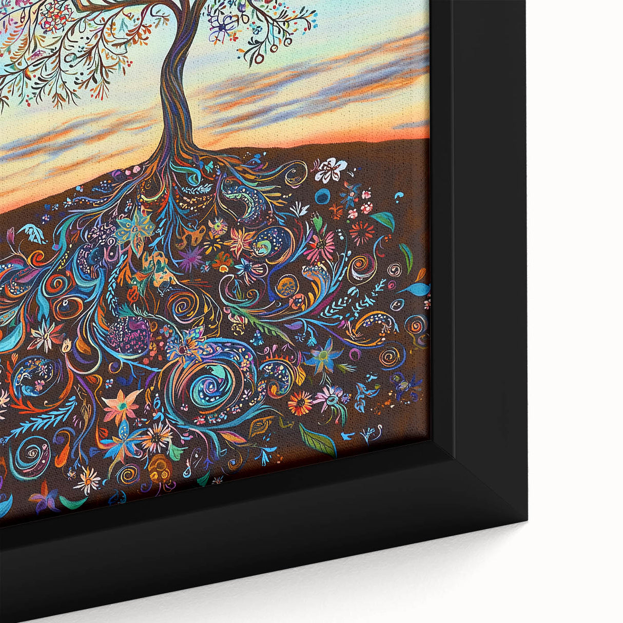 Close-up of a vibrant abstract floral canvas art piece, showcasing intricate brush strokes and rich colors, expertly framed to enhance any modern decor.