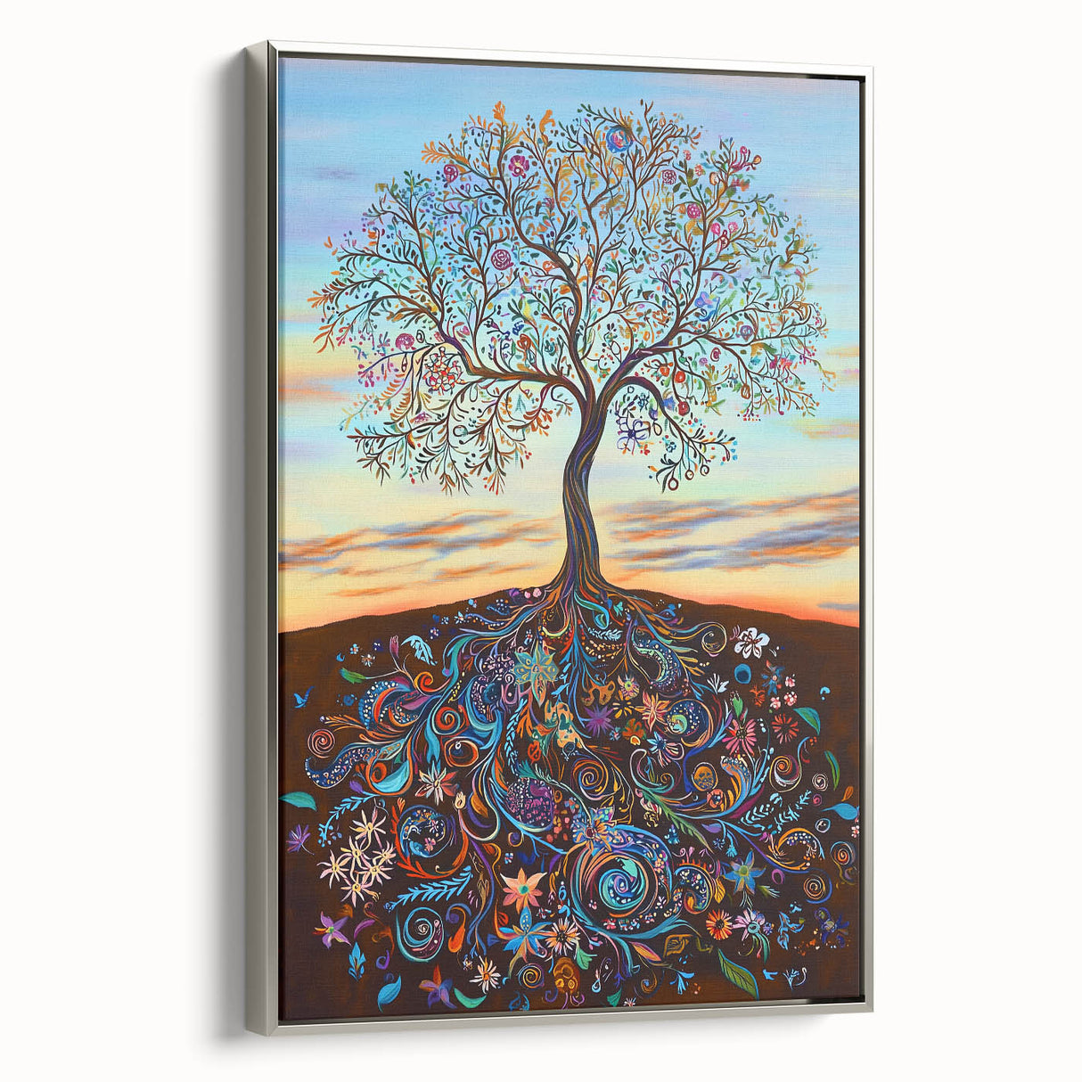 Framed canvas artwork showcasing an abstract floral design with vibrant colors and intricate patterns, displayed from a side view against a neutral background. Ideal for modern home decor, adding a touch of elegance and creativity to any space.