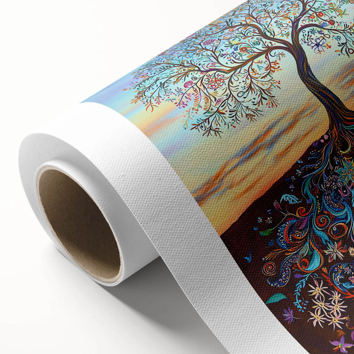 Abstract floral design on rolled canvas, showcasing vibrant colors and intricate patterns, elegantly packaged in a protective cardboard tube for optimal display. Ideal for home decor enthusiasts seeking unique wall art options.