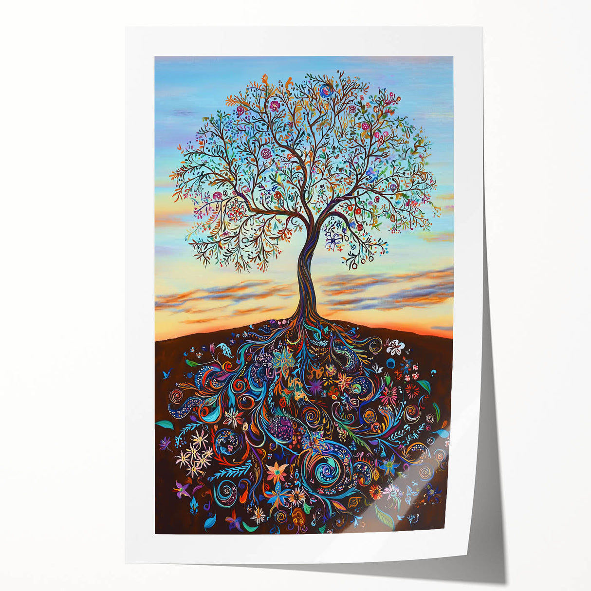 Vibrant abstract floral design rolled canvas print showcasing colorful blooms in shades of pink, blue, and yellow, ideal for home decor or artistic display.