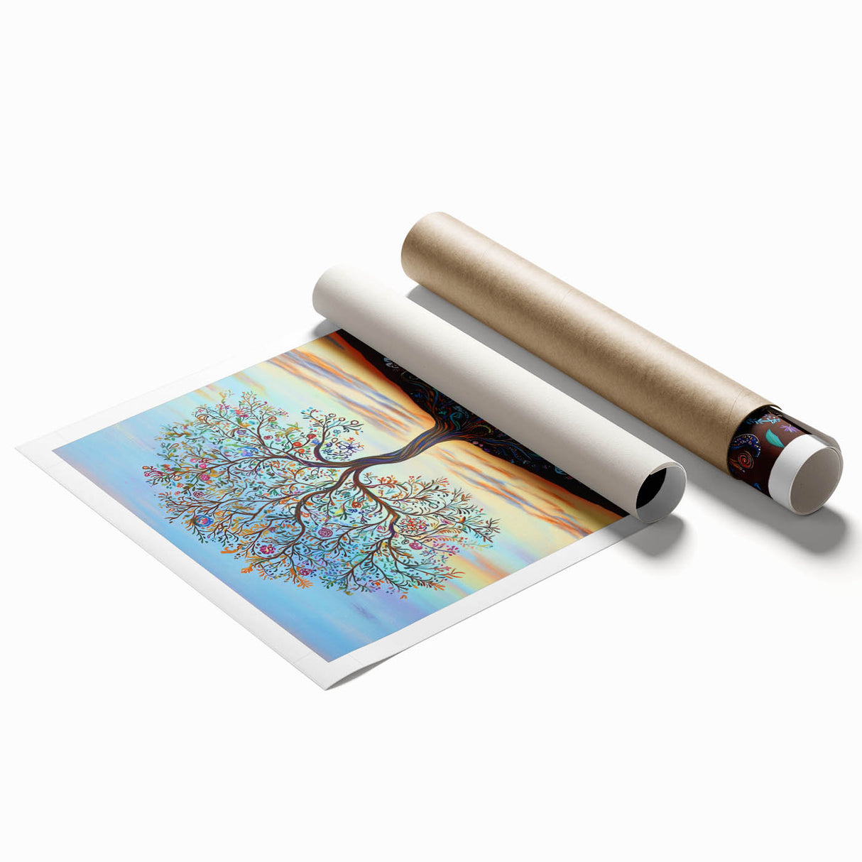 Vibrant abstract floral design on rolled canvas print showcasing bold colors like teal and coral, perfect for modern home decor. Packaged securely in a protective tube.