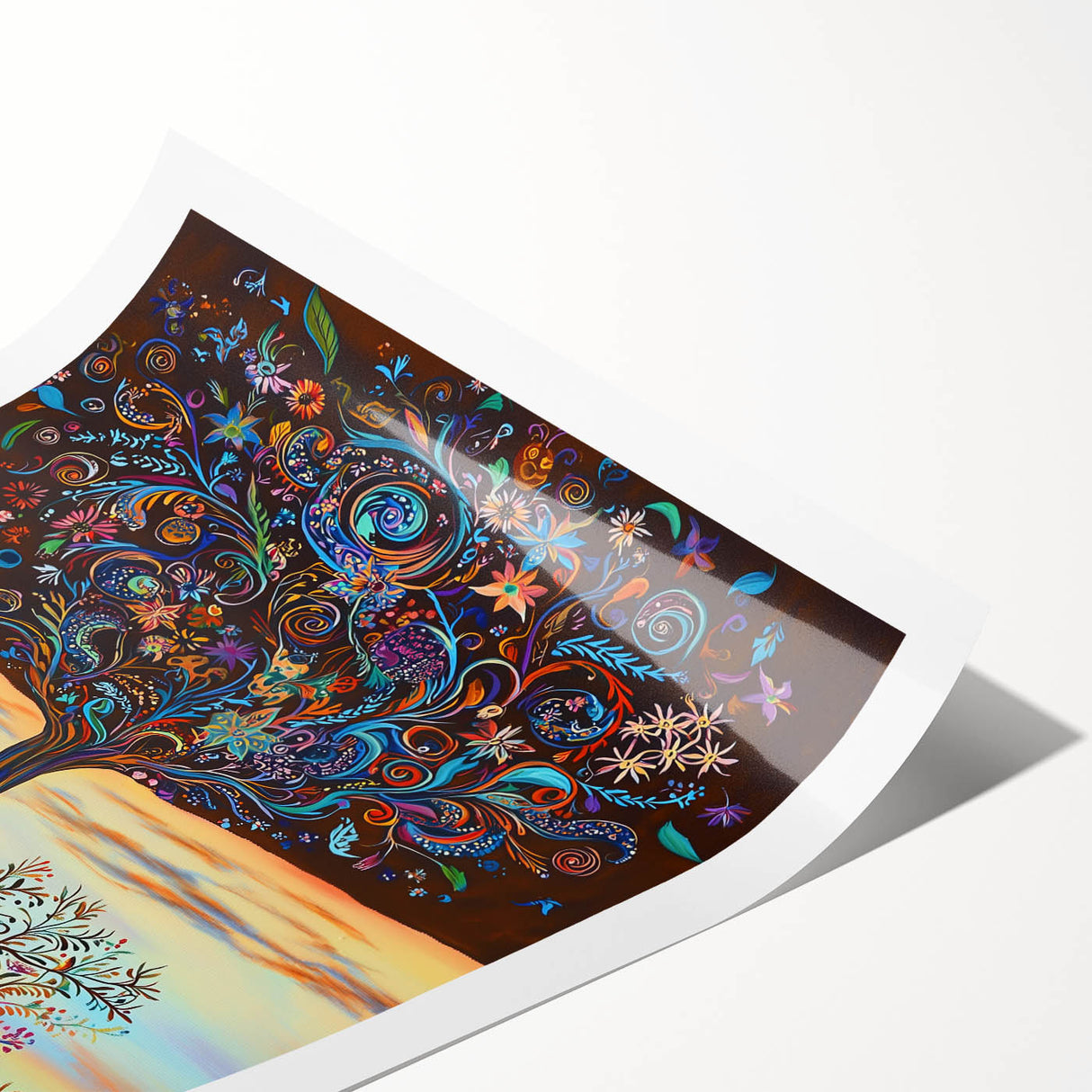 Abstract floral design rolled print showcasing vibrant colors, intricate patterns, and a textured surface, ideal for modern home decor or art enthusiasts.