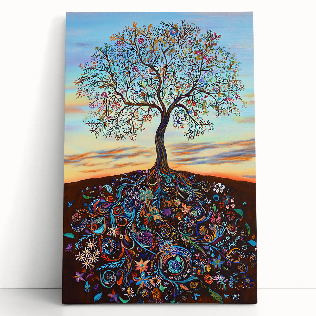 Abstract floral canvas art in vibrant colors leaning against a white wall, showcasing intricate brush strokes and a modern design perfect for home decor.
