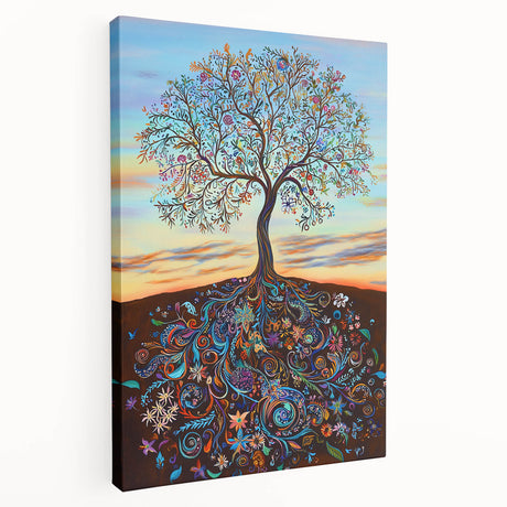 Stretched canvas art showcasing vibrant abstract floral designs in a side view, emphasizing colorful petals and intricate textures, ideal for modern home decor.