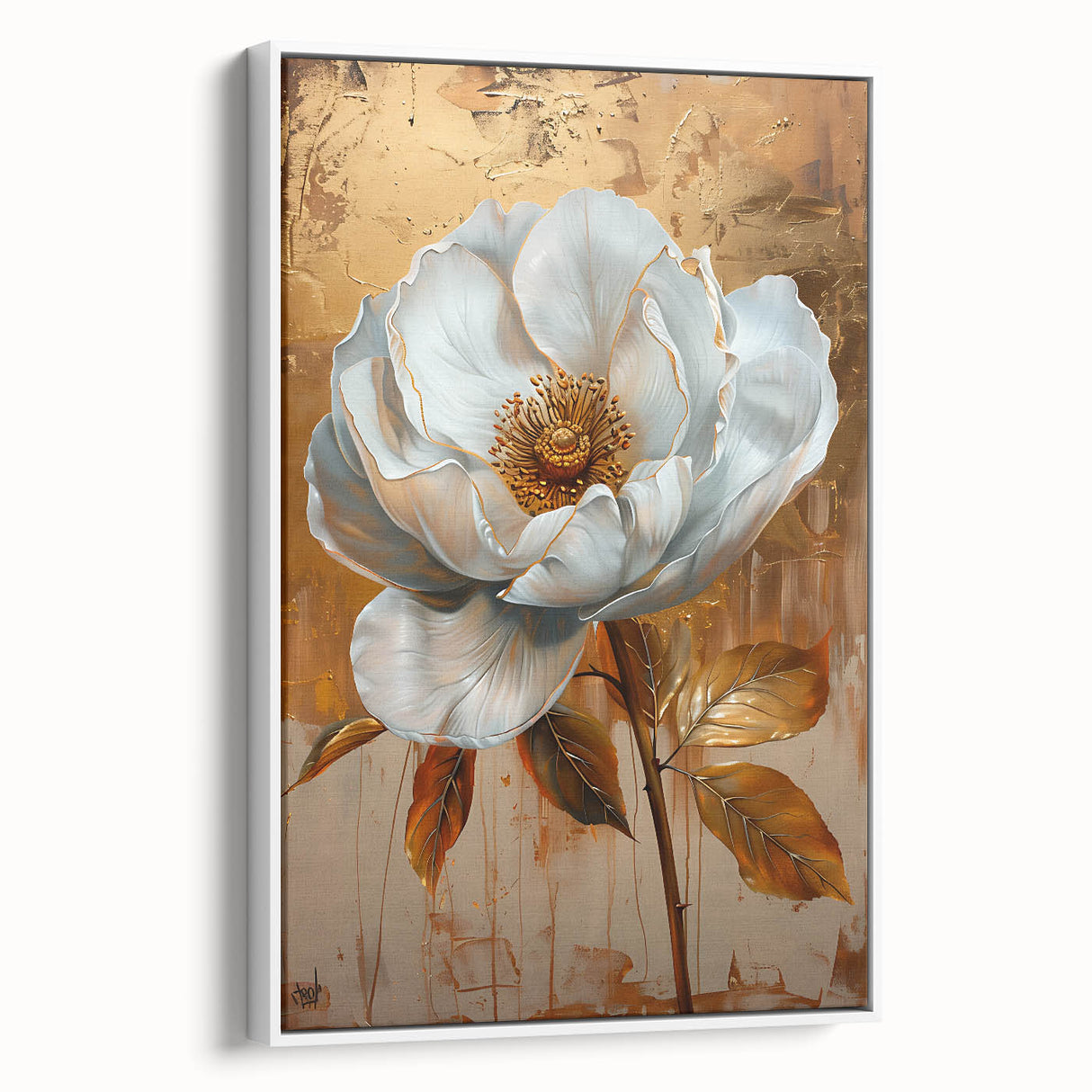 Luxury Gold & White Floral Wall Art - Modern Living Room Canvas