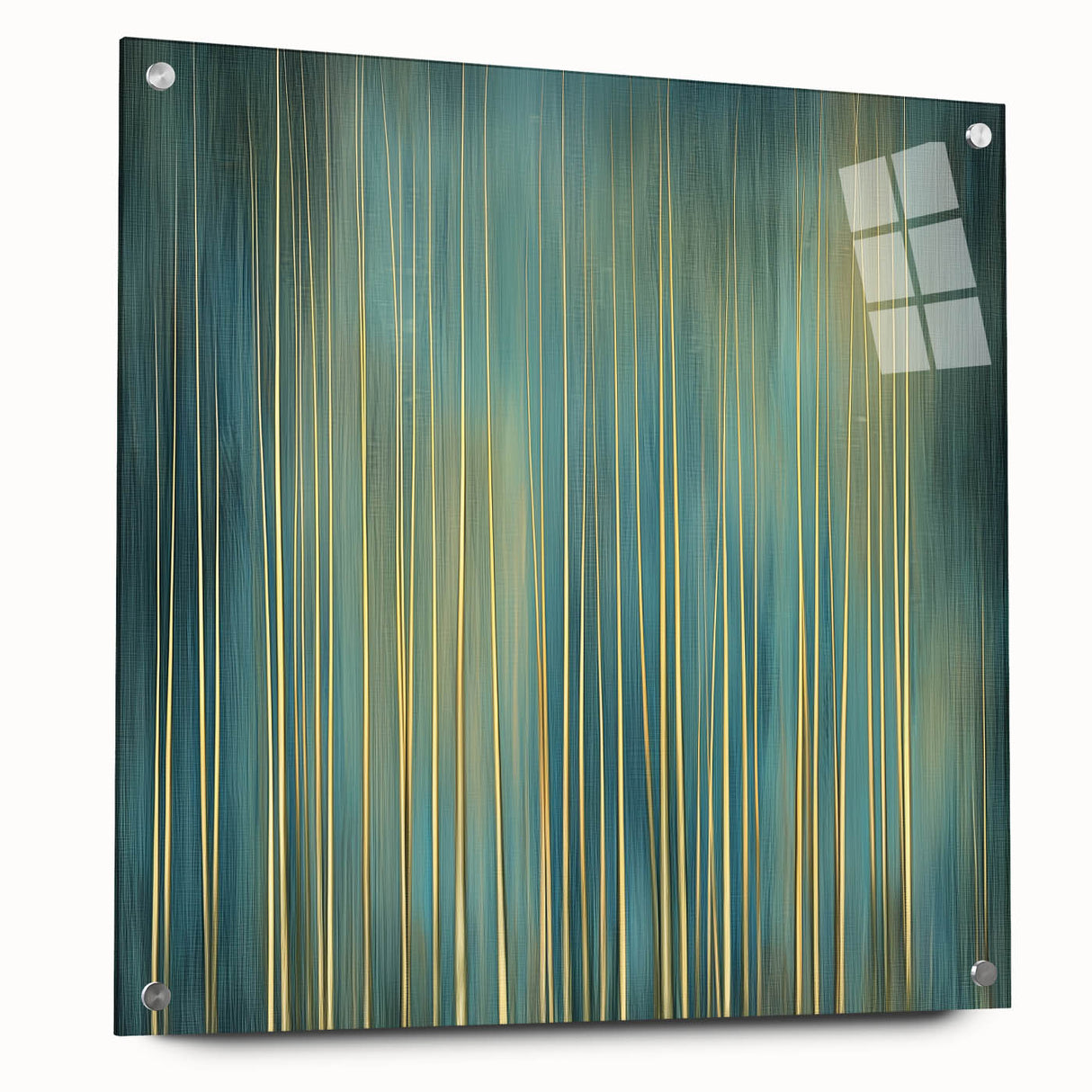 Abstract floral design on acrylic glass, showcasing vibrant colors and intricate patterns, displayed from the side with visible pins for hanging. Ideal for modern decor.