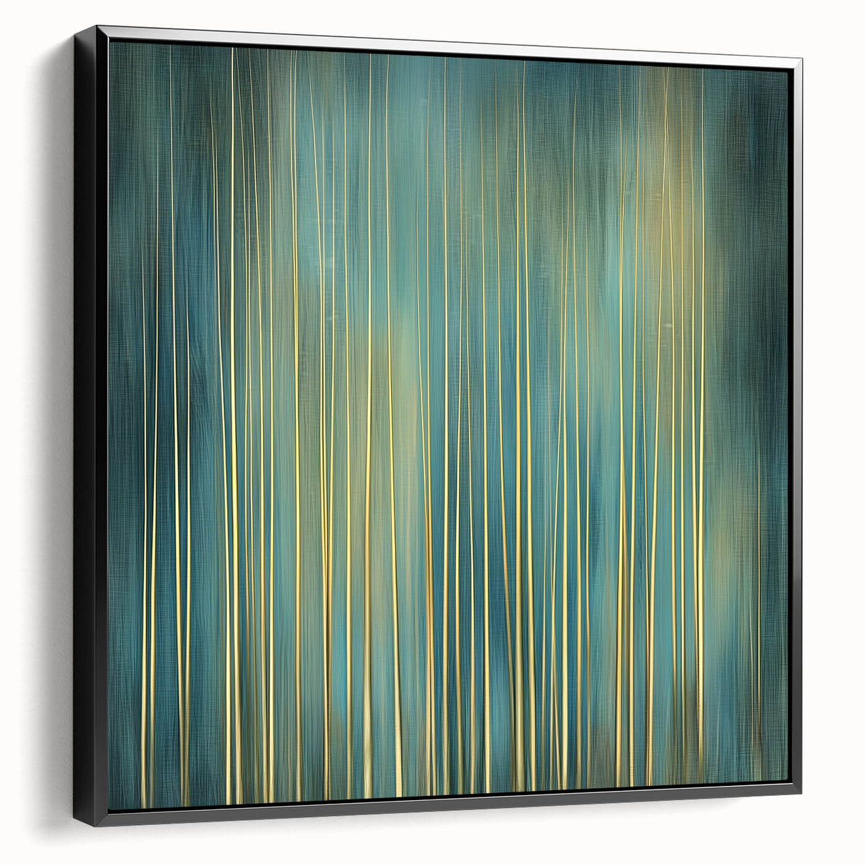 Framed canvas artwork showcasing an abstract floral design in vibrant colors, with a sleek black frame, viewed from the side to highlight its depth and texture. Perfect for modern home decor, this piece adds a touch of elegance to any room.