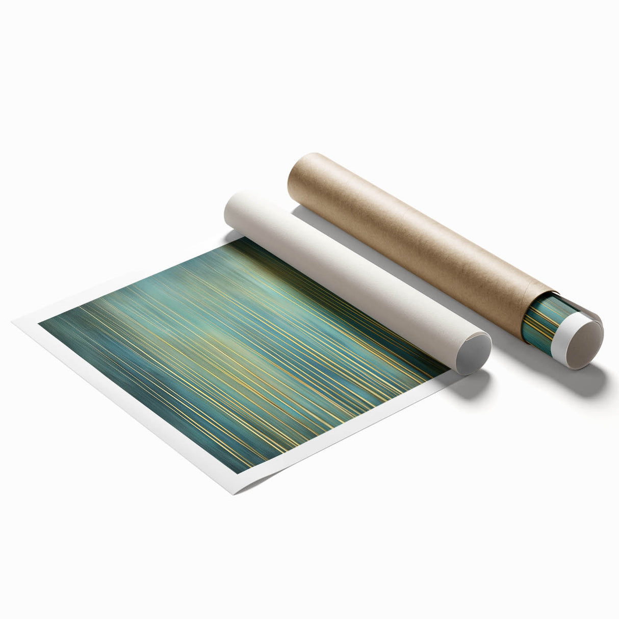 Abstract floral design rolled print featuring vibrant colors and intricate patterns, showcased in a protective cardboard tube, perfect for modern home decor.
