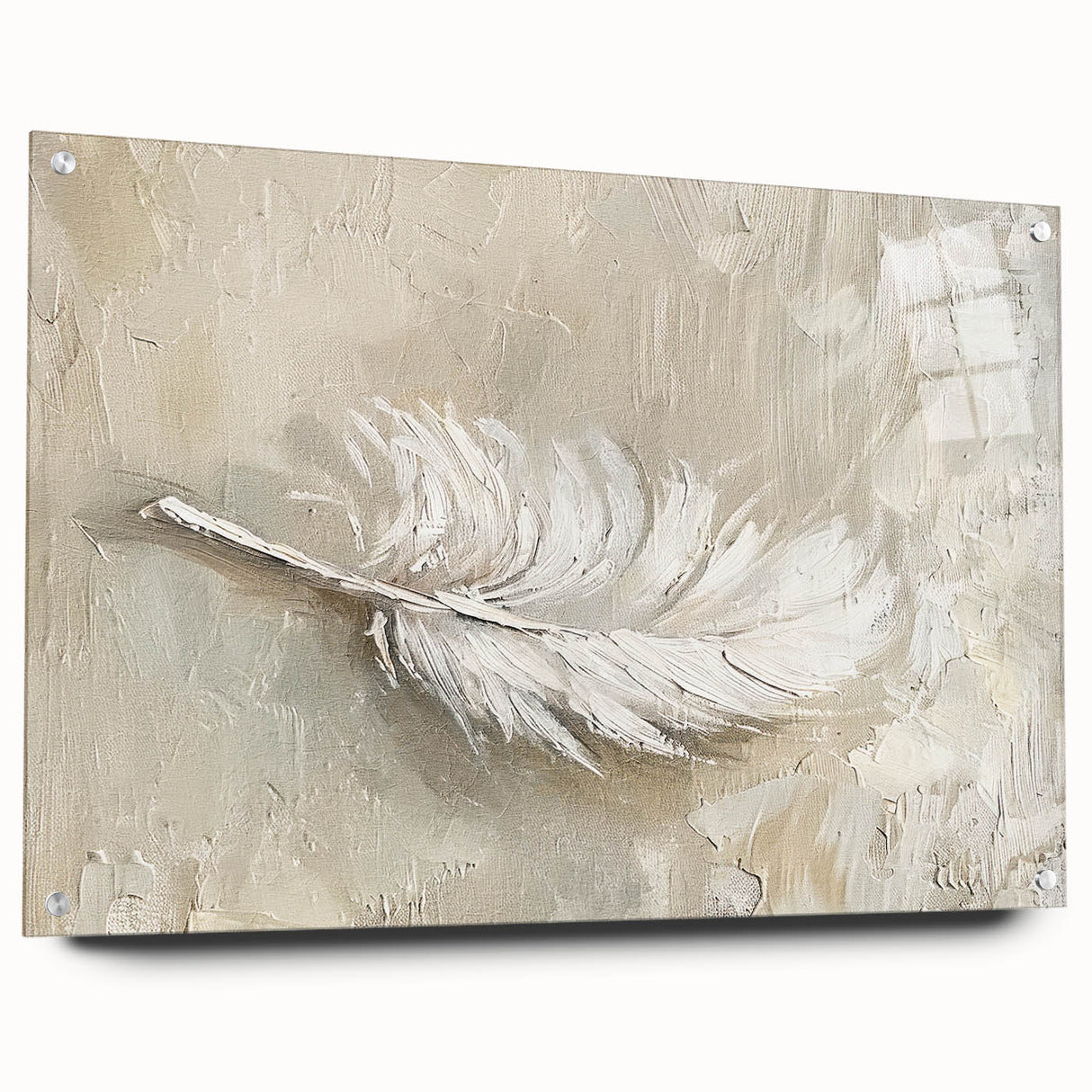 Abstract minimalist wall art design displayed in acrylic glass, showcasing vibrant colors and geometric shapes, elegantly pinned against a neutral wall. Perfect for modern decor.
