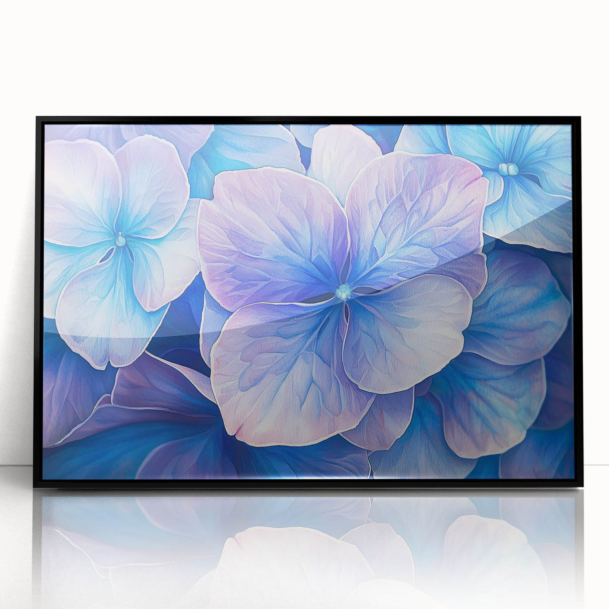 Framed acrylic artwork showcasing vibrant abstract floral designs in shades of blue, pink, and gold, set against a sleek black background, perfect for modern decor.