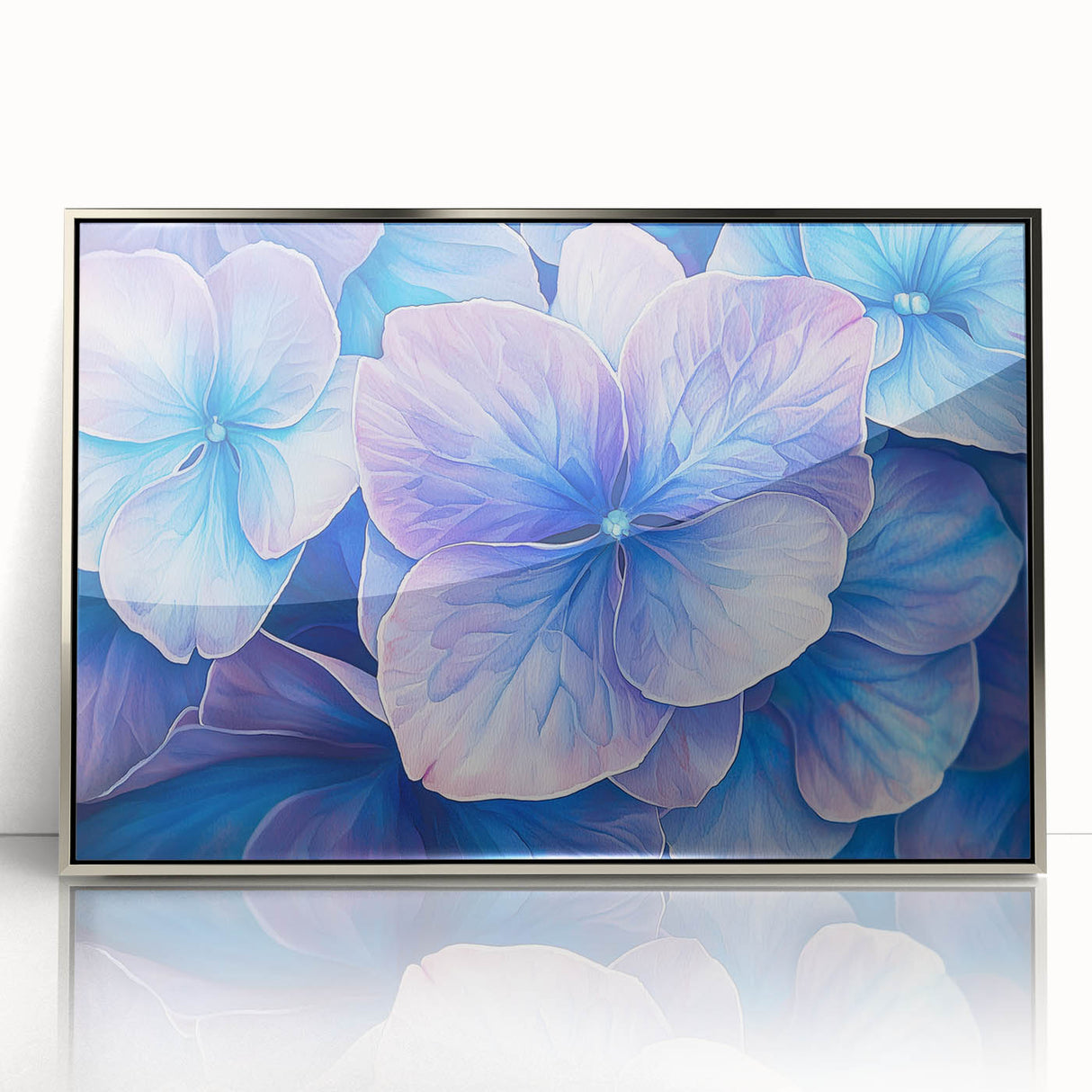 Framed acrylic artwork showcasing abstract floral designs in vibrant colors, encased in a sleek silver frame, perfect for modern home decor and artistic expression.