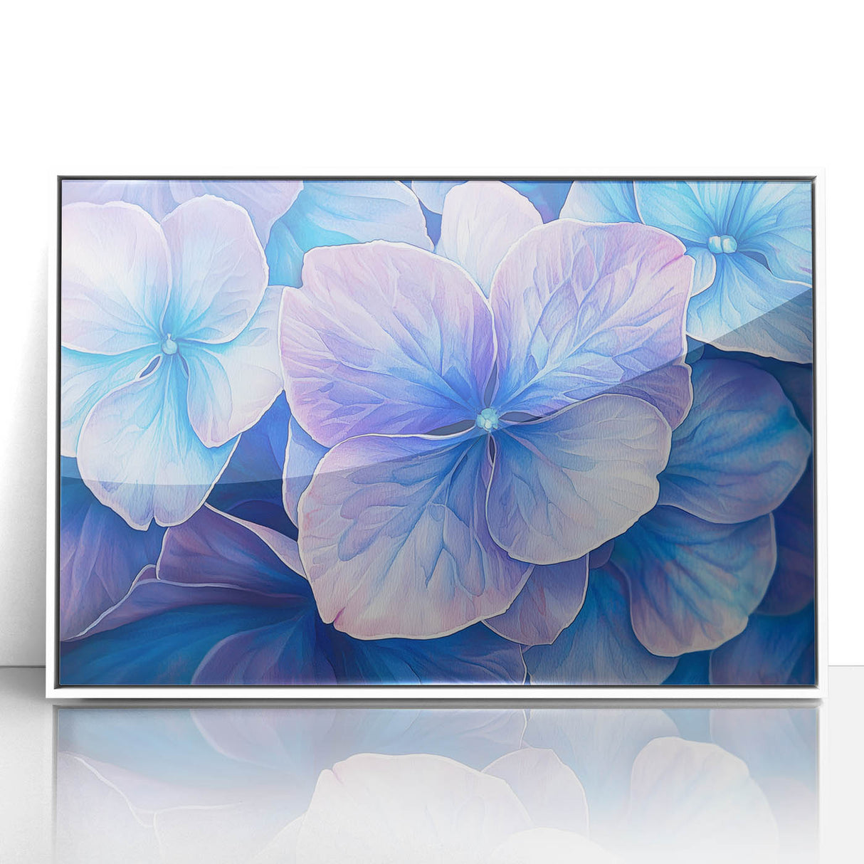 Framed acrylic artwork showcasing vibrant abstract floral designs in shades of pink, blue, and green, set against a sleek white background, enhancing modern decor.