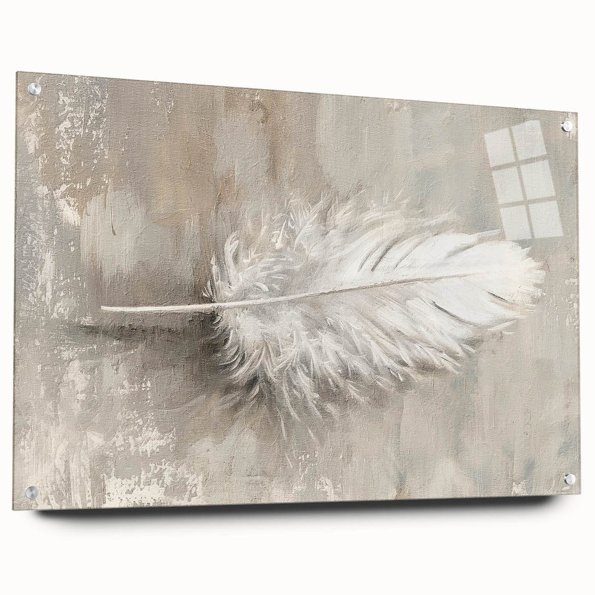 Abstract minimalist wall art design on acrylic glass, showcasing a contemporary geometric pattern in soft pastel colors, presented with decorative pins for display.