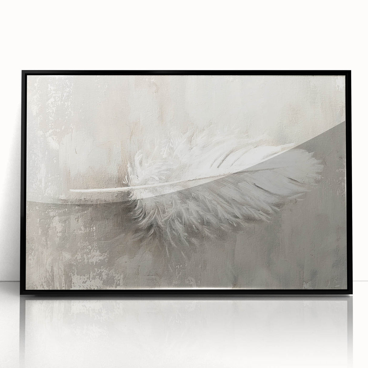 Abstract minimalist wall art framed in black acrylic, showcasing a geometric design with soft neutral tones, perfect for modern home decor or office spaces.