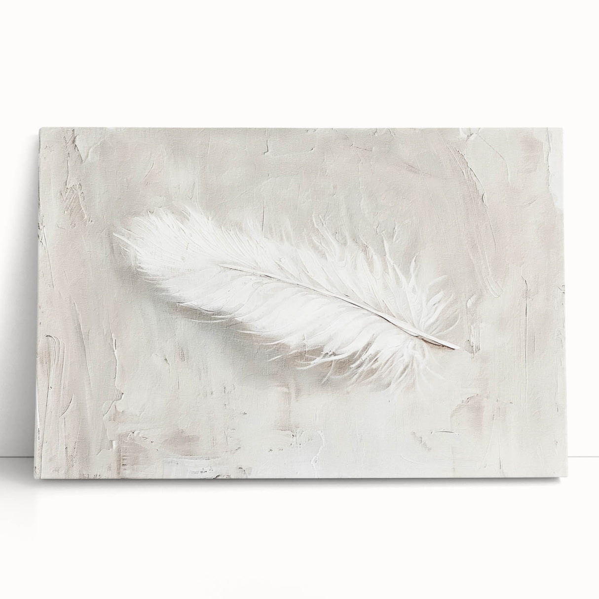 Abstract minimalist wall art on stretched canvas showcasing soft, muted colors and geometric shapes, leaning against a neutral wall, perfect for modern decor.
