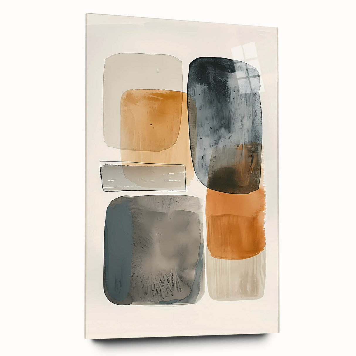Abstract minimalist wall art design displayed in a side view, showcasing vibrant colors and shapes on acrylic glass, perfect for modern home decor.