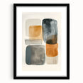 Abstract minimalist wall art framed in black, featuring geometric shapes and soft colors, suitable for modern decor in living spaces or offices.