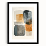 Abstract minimalist wall art framed in black, featuring geometric shapes and soft colors, suitable for modern decor in living spaces or offices.