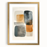 Abstract minimalist wall art framed in gold, featuring geometric shapes and soft pastel colors, ideal for modern home decor. Perfect for adding elegance to living spaces.