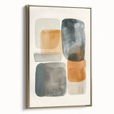 Abstract minimalist wall art in a gold frame, showcasing a sleek design with soft curves and geometric shapes, ideal for modern home decor enhancement.