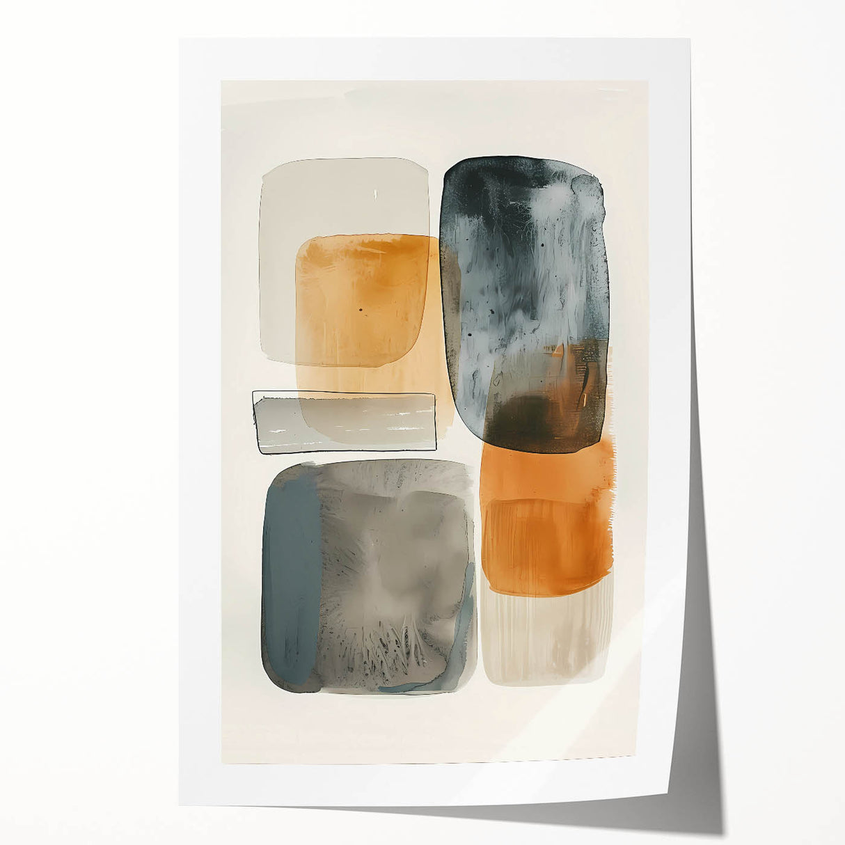 Abstract minimalist wall art print showcasing soft pastel colors and geometric shapes, rolled and ready for display, ideal for modern home decor.