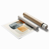 Abstract minimalist wall art print showcasing soft pastel colors and geometric shapes, rolled and packaged securely in a cardboard tube for delivery.