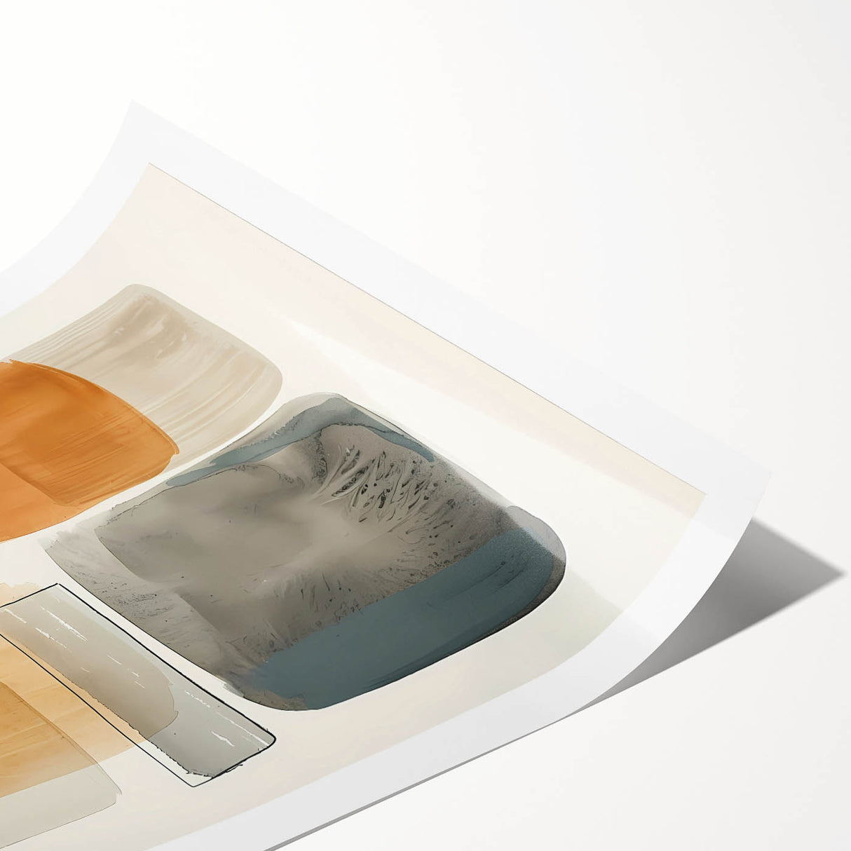 Abstract minimalist wall art print on rolled canvas featuring soft pastel colors and geometric shapes, elegantly packaged in a protective cardboard tube for shipping.