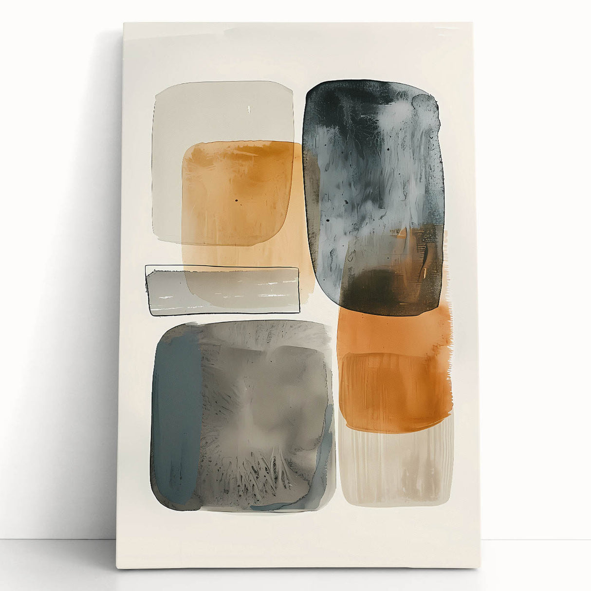 Abstract minimalist wall art on stretched canvas, featuring soft pastel colors and geometric shapes, leaning against a white wall, adding a modern touch to decor.
