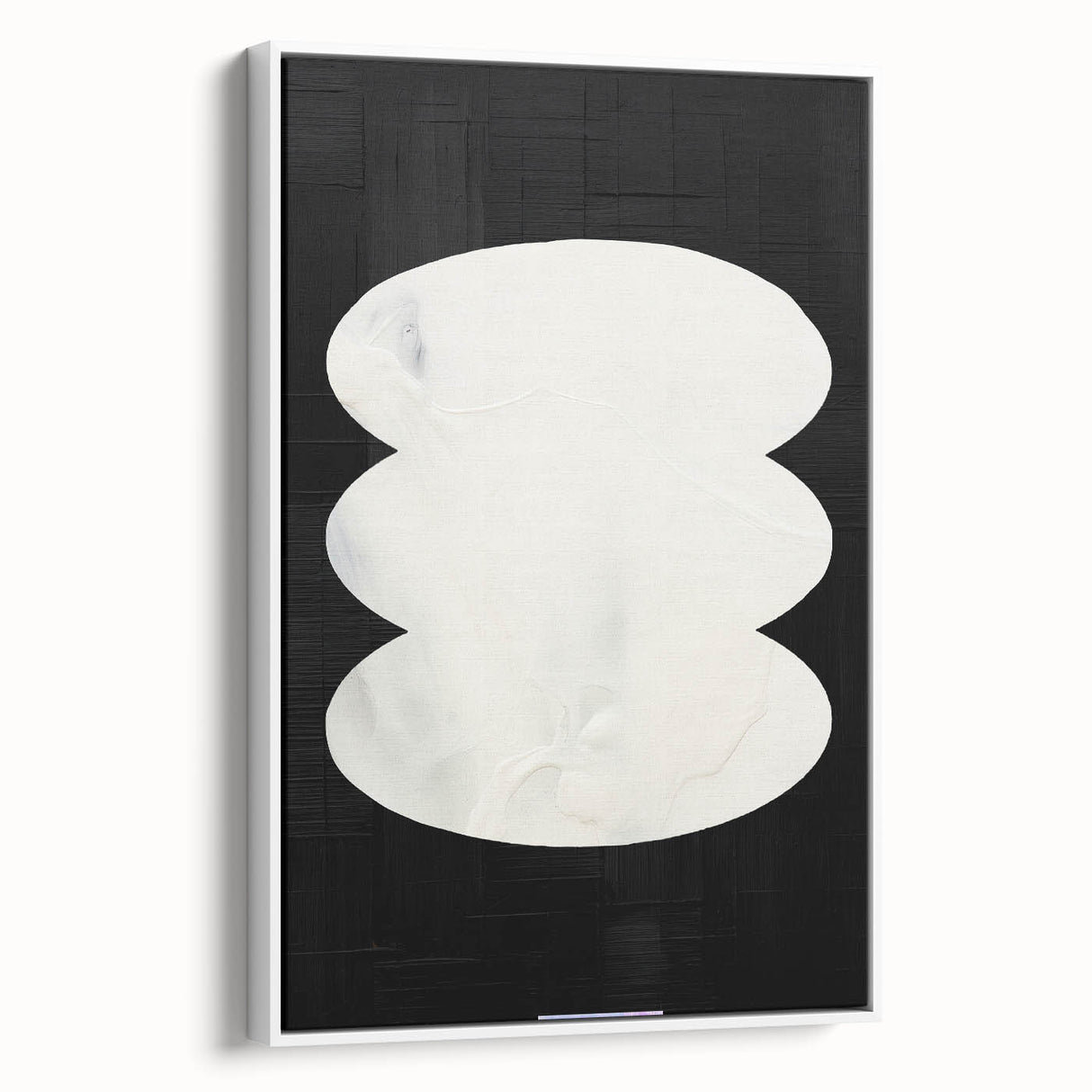 Framed abstract minimalist wall art in a sleek white color, showcasing a side view of geometric shapes on a canvas, perfect for modern home decor.