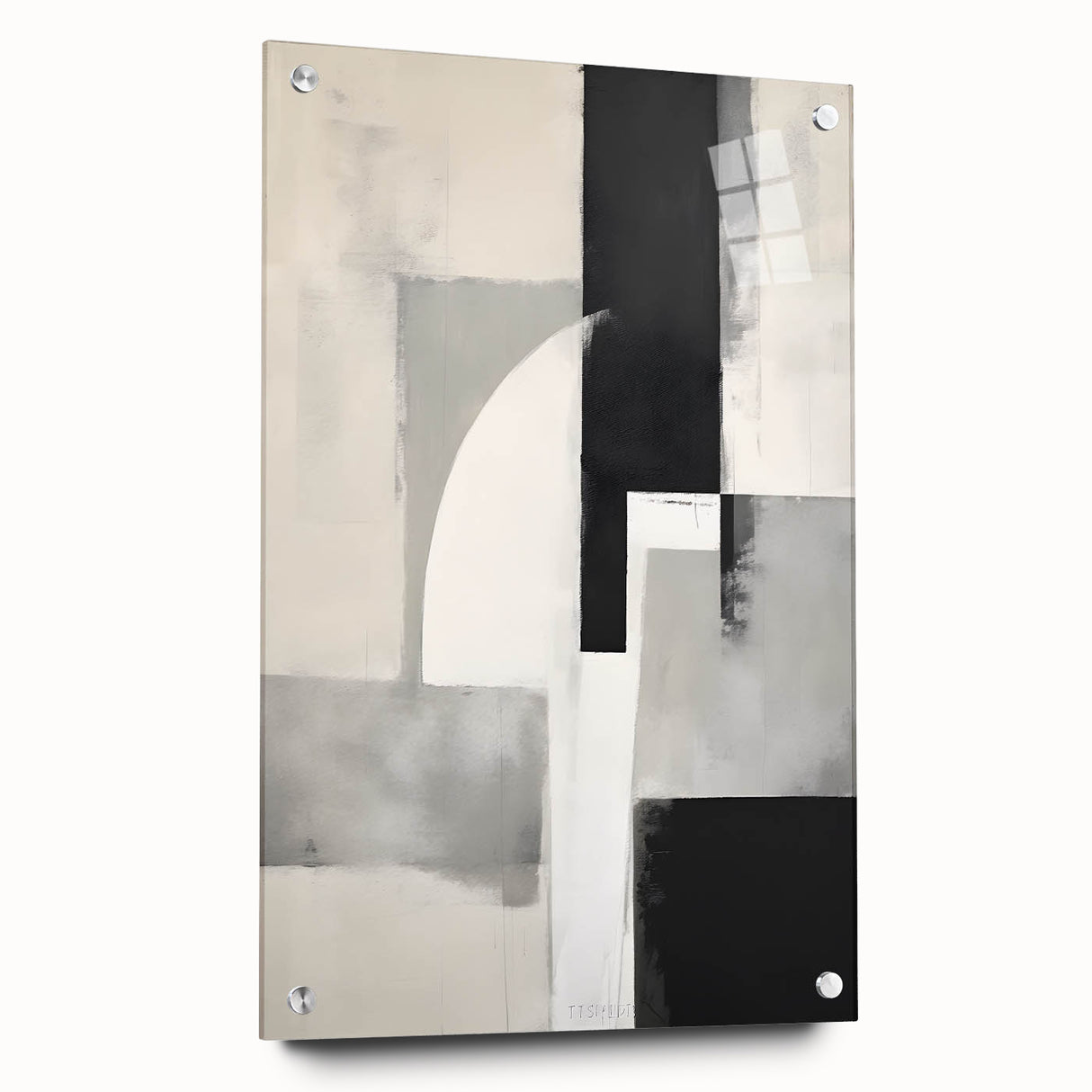 Abstract minimalist wall art featuring soft pastel colors and geometric shapes on acrylic glass, ideal for modern home decor and gallery displays.
