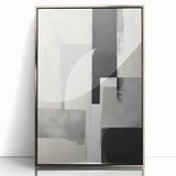 Framed abstract minimalist wall art featuring a silver acrylic finish, showcasing geometric shapes and soothing tones, perfect for modern decor.