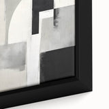 Close-up of a framed abstract minimalist wall art piece showcasing soft pastel colors and geometric shapes, enhancing modern decor with a touch of elegance.
