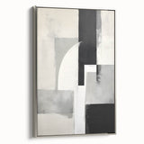 Framed abstract minimalist wall art canvas with a silver frame, showcasing soft gray and white tones, ideal for modern decor, viewed from the side.